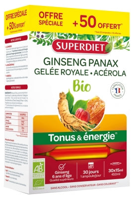 Superdiet Organic Ginseng Royal Jelly And Acerola 20 Phials + 10 Phials Free