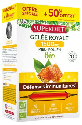 Superdiet Organic Royal Jelly 1500Mg Honey Pollen 20 Phials + 10 Phials Free