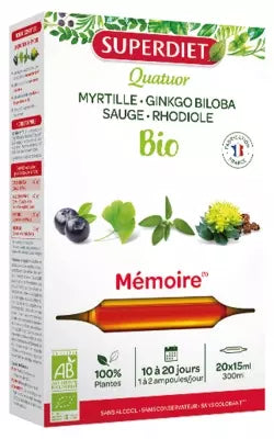 Superdiet Quatuor Organic Blueberry Rhodiola Ginkgo Biloba Sage 20 Phials