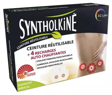 Syntholkiné Ceinture Réutilisable avec 4 Recharges Chauffantes – Soulagement Douleurs Musculaires & Lombaires