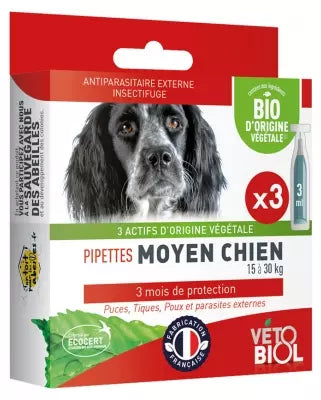 Vétobiol Pipettes Medium Dog 15 To 30 Kg Organic 3 Pipettes