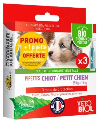 Vétobiol Pipettes Puppy Small Dog 250G To 15Kg Organic 3 Pipettes