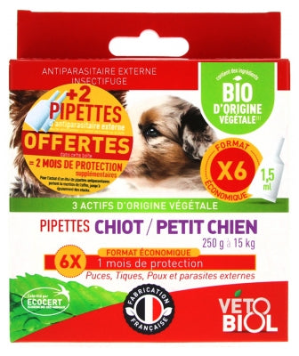 Vétobiol Pipettes Puppy Small Dog 250G To 15Kg Organic 6 Pipettes + 2 Pipettes Offered