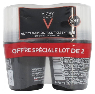 Vichy Homme 72Hr Anti-Perspirant Deodorant Extreme Control Roll-On 2 X 50Ml