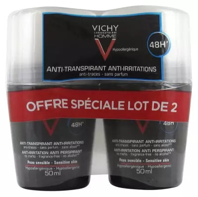 Vichy Homme Anti-Perspirant Anti-Irritation 48Hr Deodorant Roll-On 2 X 50Ml