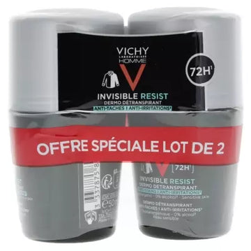 Vichy Homme Déodorant Invisible Resist Dermo-Détranspirant 72H Roll-On Lot De 2 X 50 Ml