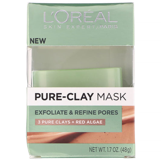 L'Oreal, Pure-Clay Beauty Mask, Exfoliate & Refine Pores, 3 Pure Clays + Red Algae(48 g)