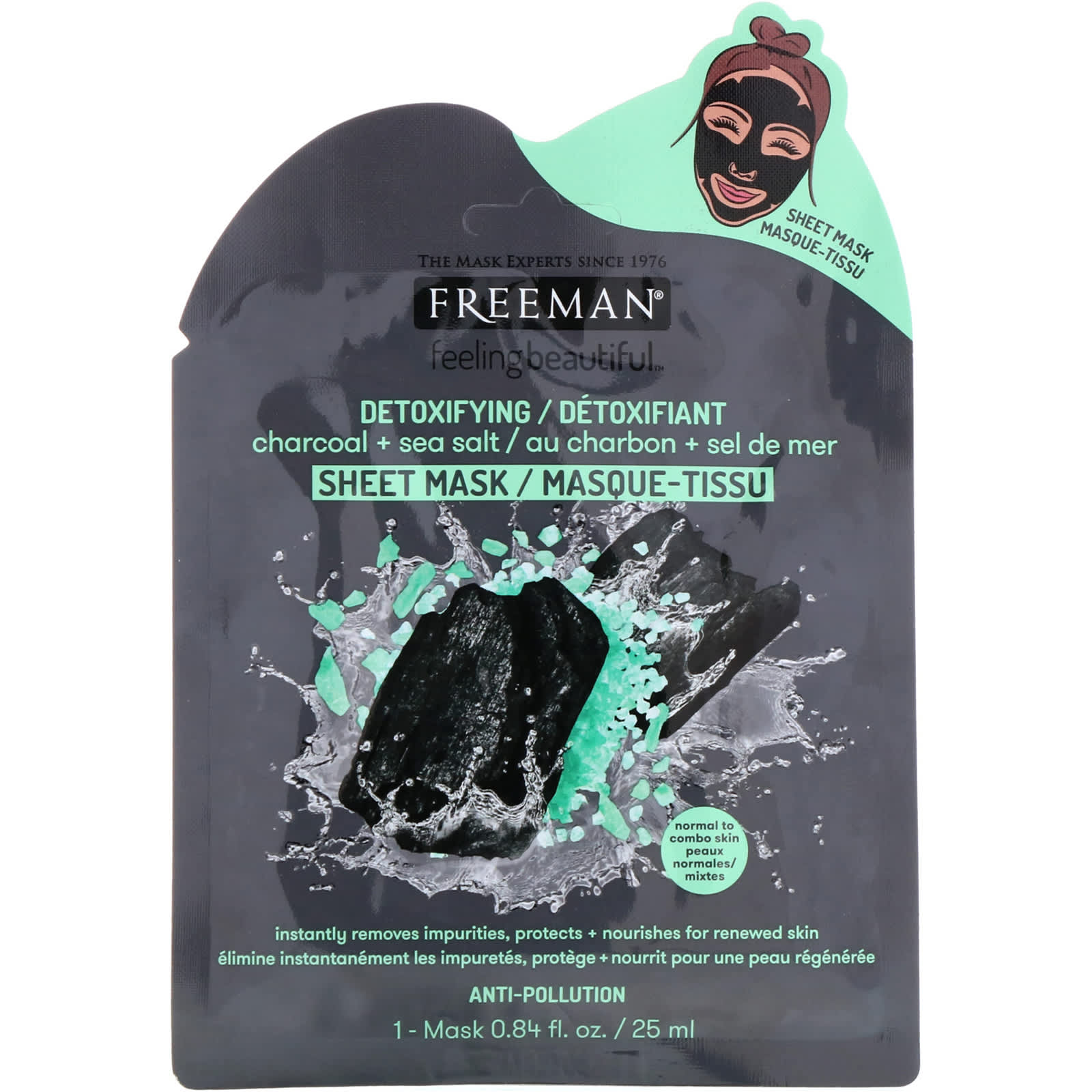 Freeman Beauty, Feeling Beautiful, Detoxifying Beauty Sheet Mask, Charcoal + Sea Salt, 0.84 fl oz (25 ml)