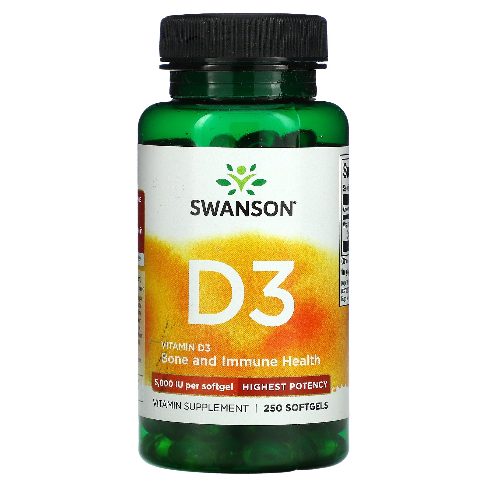 Swanson, Vitamin D3, Bone And Immune, Highest Potency, 5,000 Iu Softgels