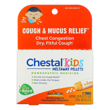 Boiron, Chestal Kids Meltaway Pellets, Cough & Mucus Relief, 2+ Years, 2 Tubes, Approx. 80 Pellets Each