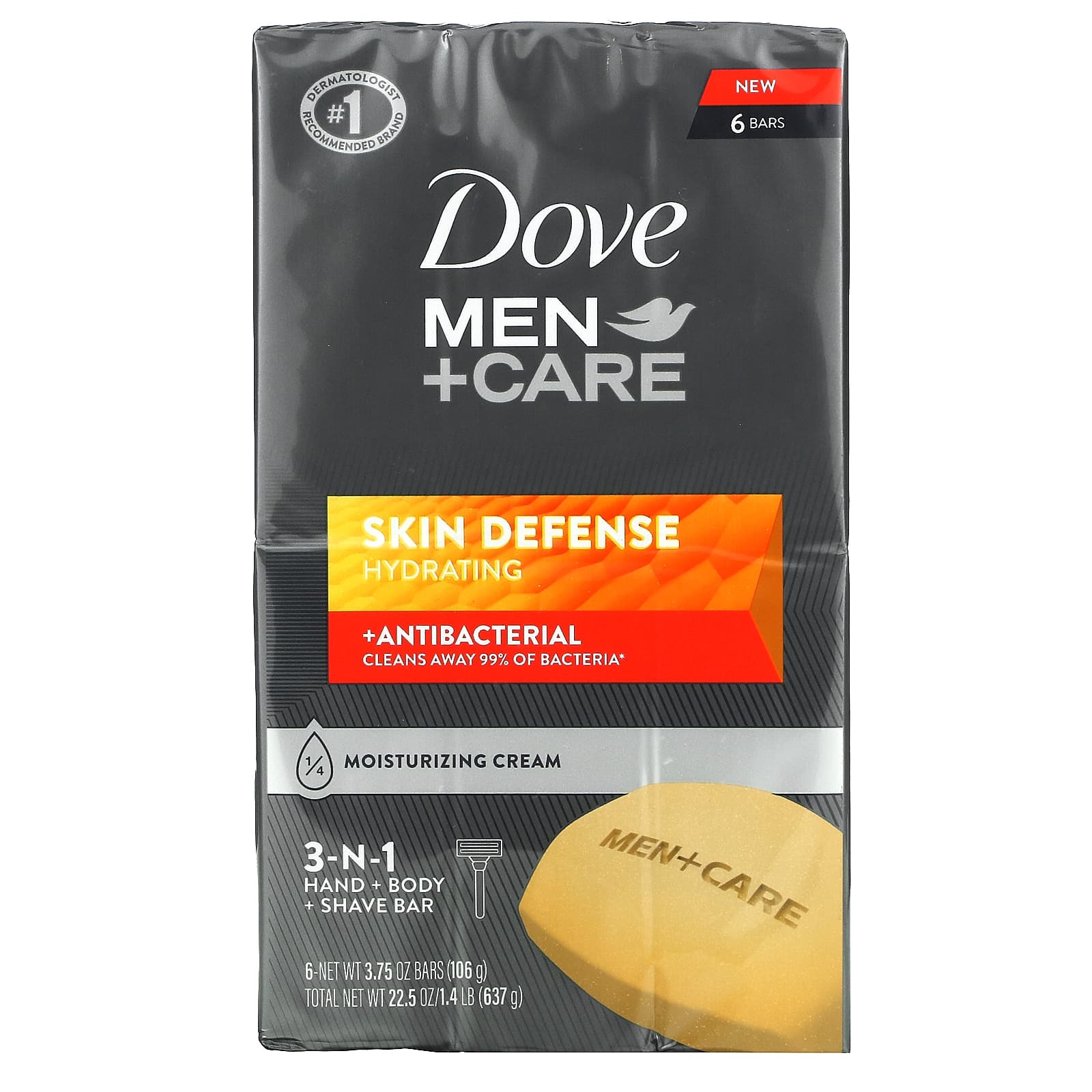 Dove, Men+Care, Skin Defense, 3-In-1 Hand + Body + Shave Bar, 6 Bars (106 g) Each