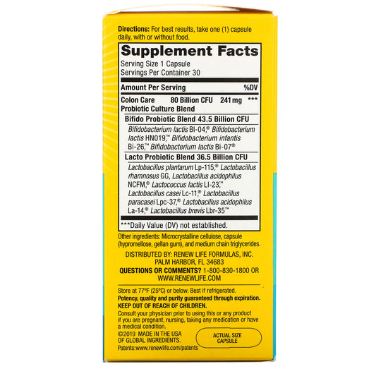Renew Life, Ultimate Flora, Colon Care Probiotic, 80 Billion Live Cultures Vegetarian Capsules