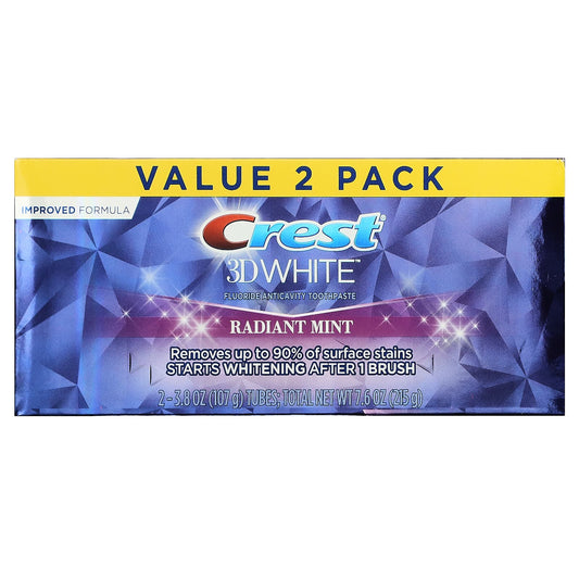 Crest, 3D White, Fluoride Anticavity Toothpaste, Radiant Mint, 3.8 oz (107 g) Each