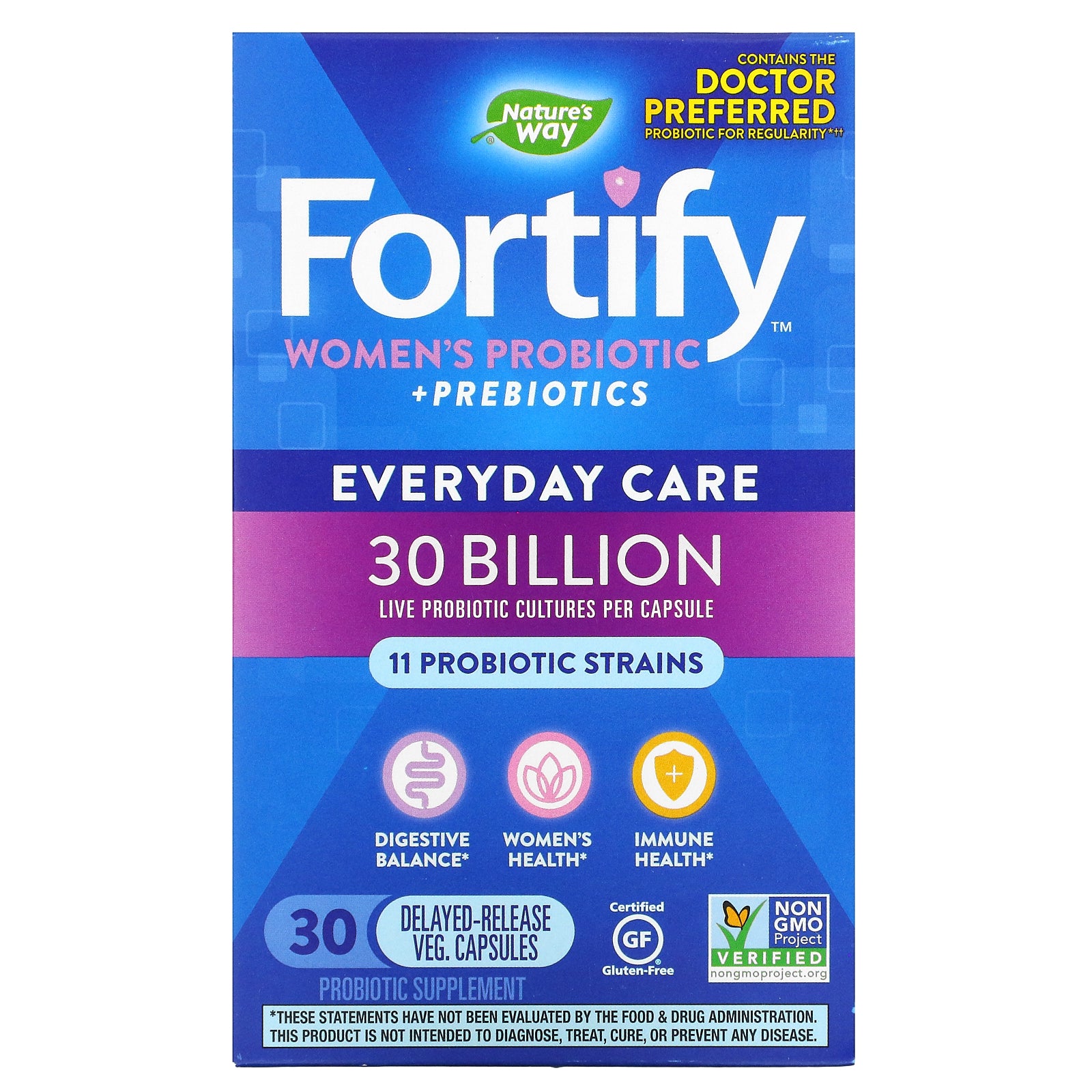 Nature'S Way, Fortify, Women'S Probiotic + Prebiotics, Everyday Care, 30 Billion Delayed-Release Veg. Capsules