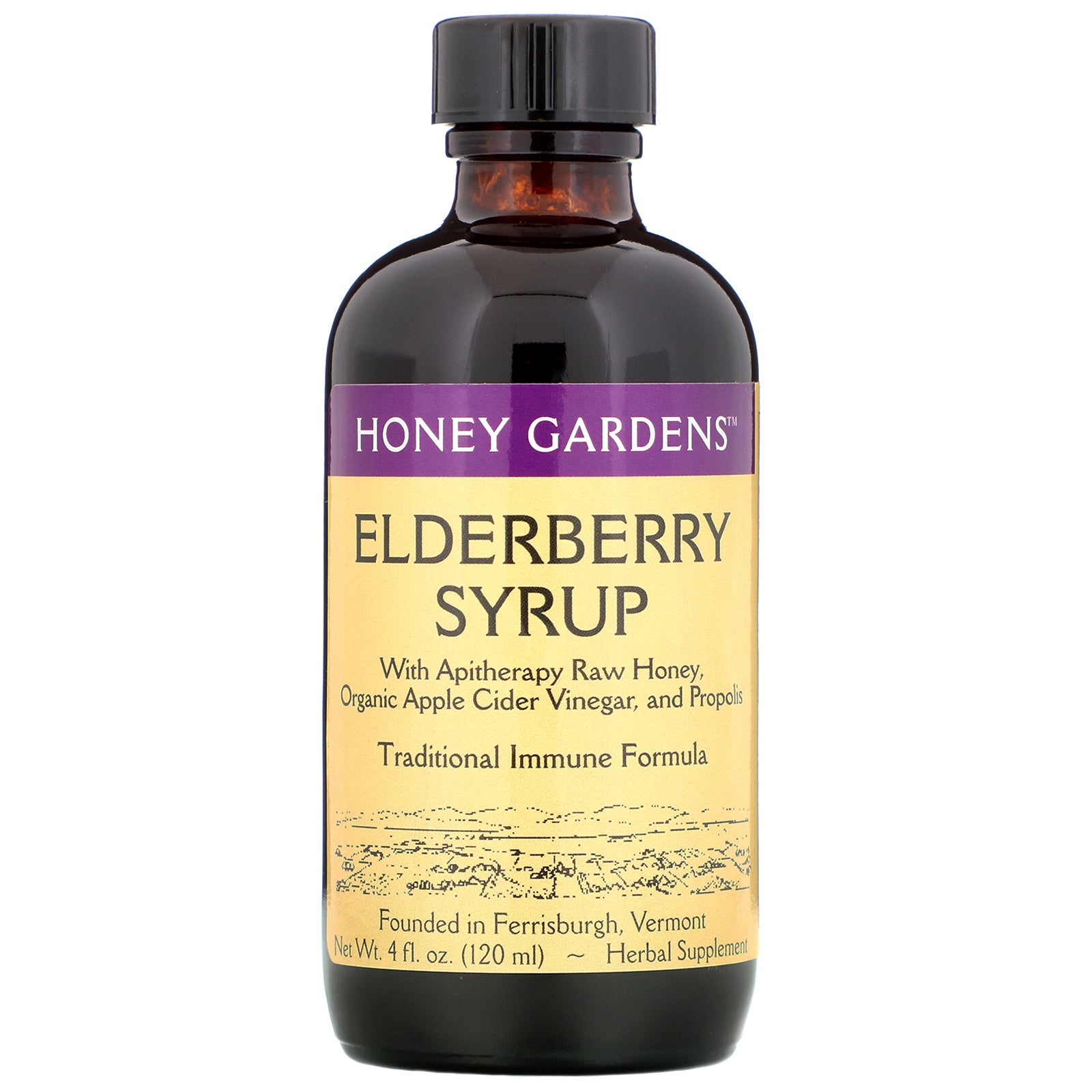 Honey Gardens, Elderberry Syrup with Apitherapy Raw Honey, Propolis and Elderberries (120 ml)