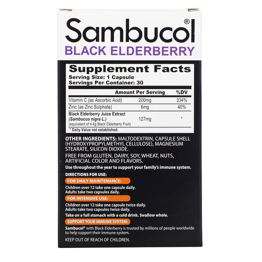 Sambucol, Black Elderberry Capsules, Advanced Immune + Vitamin C + Zinc,  Capsules