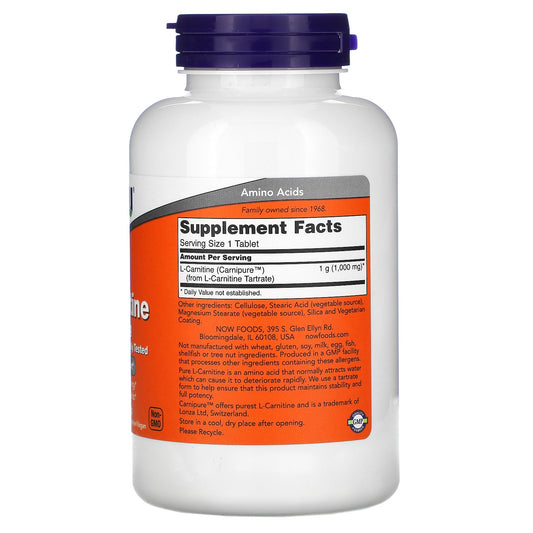 NOW Foods Supplements, L-Carnitine 1,000 mg, Purest Form, Amino Acid, Fitness Support