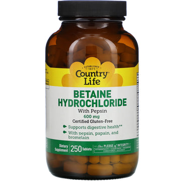 Country Life, Betaine Hydrochloride with Pepsin, 600 mg, Tablets