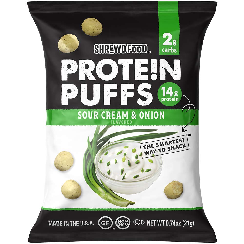 Shrewd Food Protein Puffs - High Protein, Low-Carb, Gluten-Free, Health Conscious Snacks, Keto Snacks, Non GMO, Soy-Free, Peanut-Free, Never Fried - Sour Cream and Onion,  (Pack of 8)