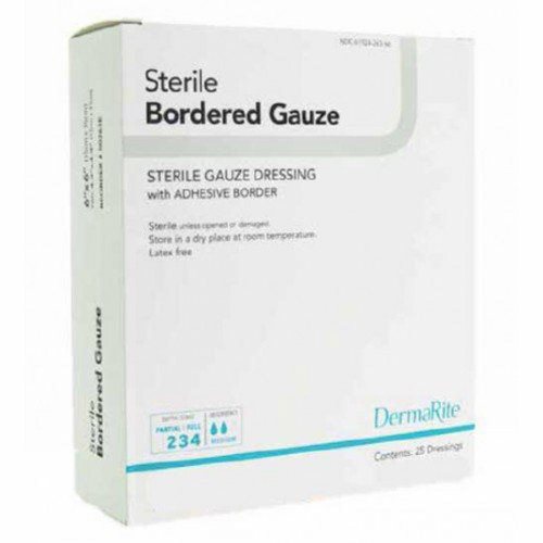 Adhesive Dressing DermaRite 3-3/5 X 4 Inch Gauze Square White Sterile Count of 50 By DermaRite