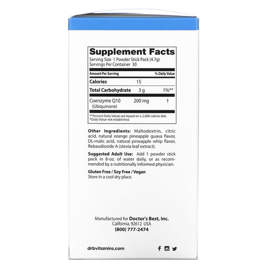 Doctor's Best, High Absorption CoQ10 Powder, Tropical Fruit, 200 mg, 30 Powder Stick Packs, 4.7 g Each