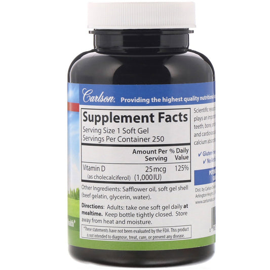Carlson Labs, Vitamin D3, 25 mcg (1,000 IU) Soft Gels