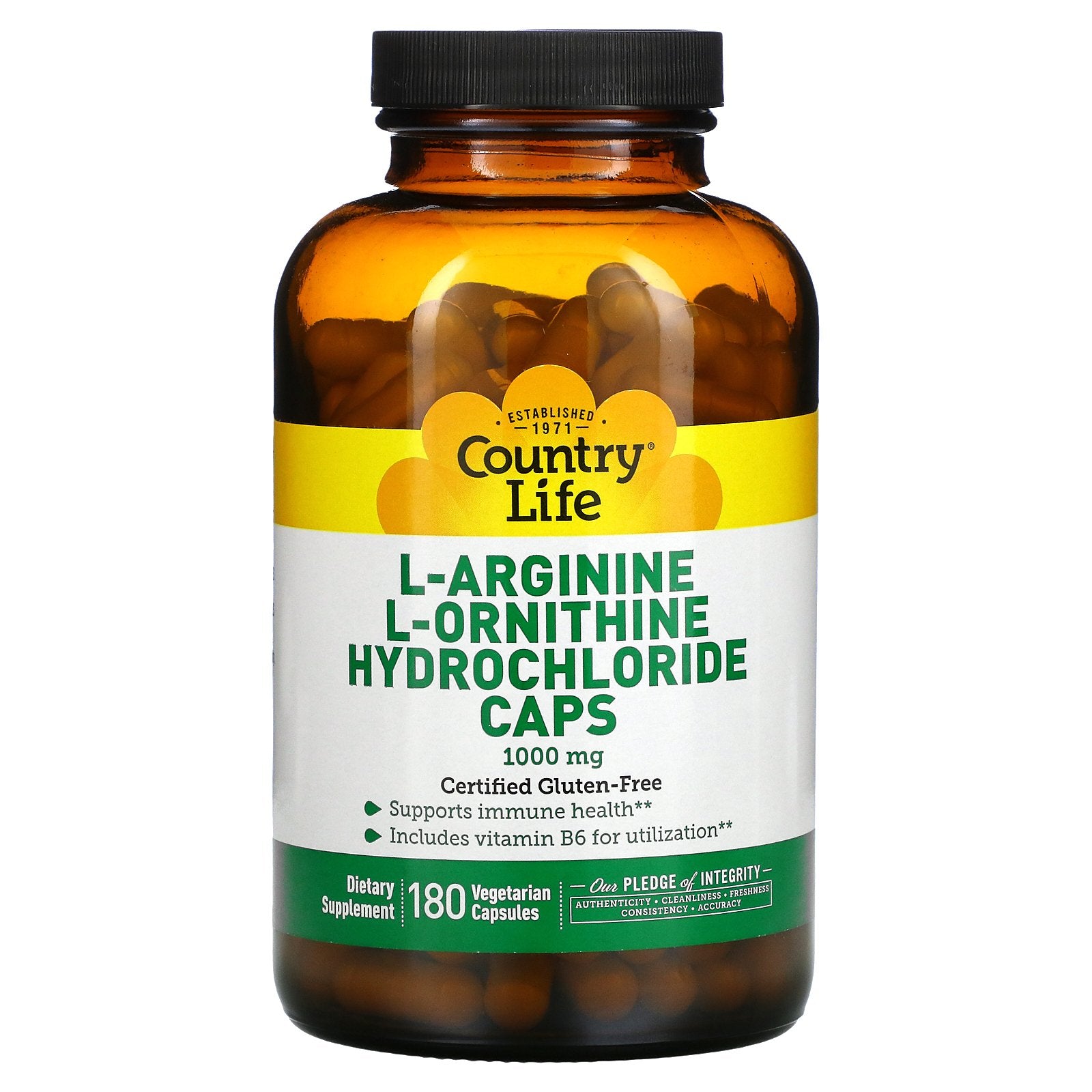 Country Life, L-Arginine & L-Ornithine Hydrochloride Caps, 1,000 mg