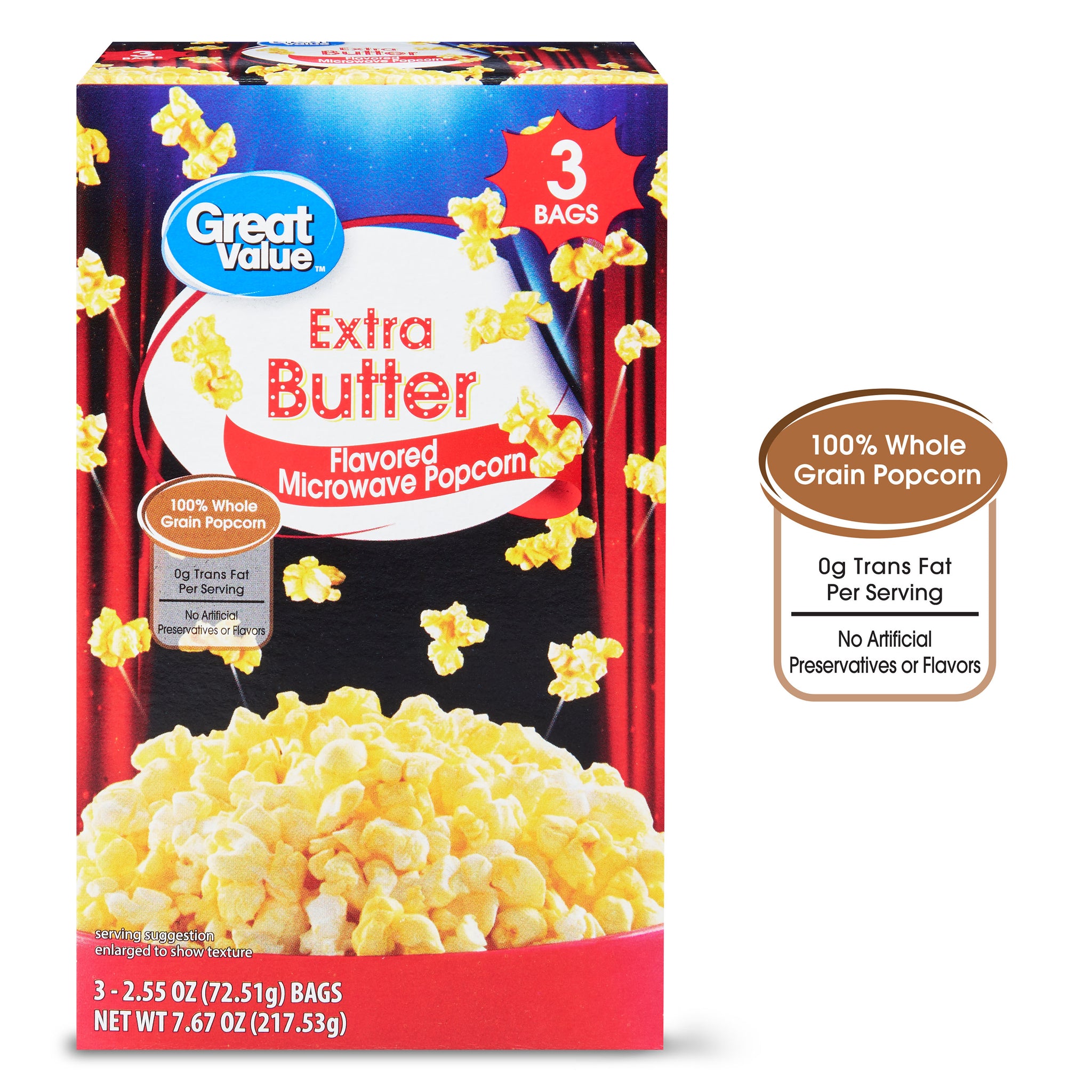 Great Value Flavored Microwave Popcorn, Extra Butter, 3 Count