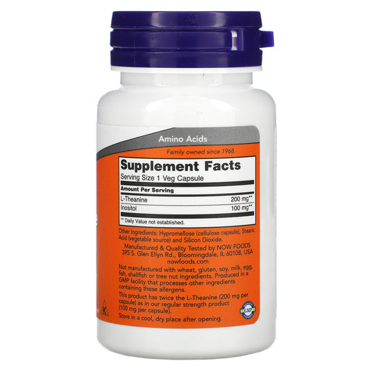 NOW Foods, L-Theanine, Double Strength, 200 mg Veg Capsules