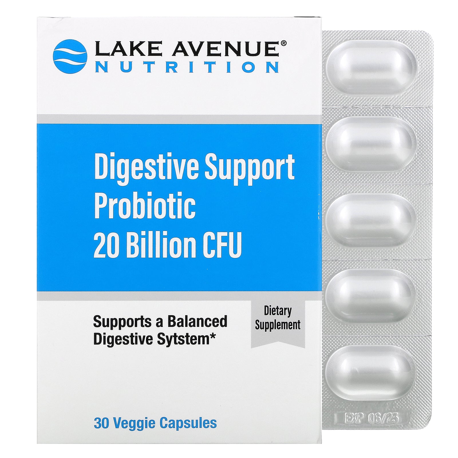 Lake Avenue Nutrition, Digestive Support Probiotic, Probiotic & Prebiotic Blend, 20 Billion Cfus Veggie Capsules
