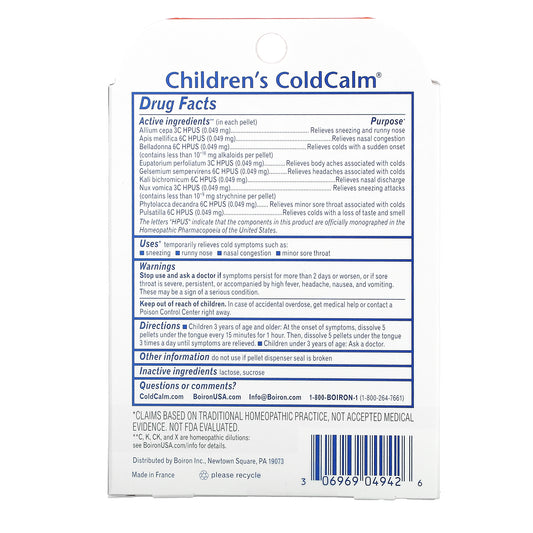 Boiron, Coldcalm, Children's Cold Relief, 3+ and Older, 2 Tubes, Approx. 80 Quick Dissolving Pellets Each