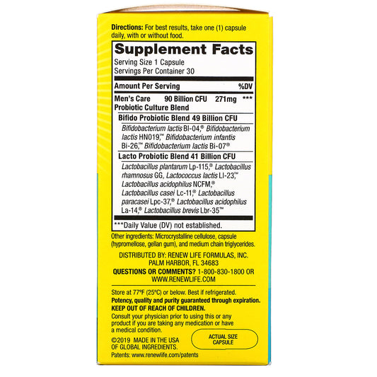 Renew Life, Ultimate Flora, Men'S Care Probiotic, 90 Billion Live Cultures Vegetarian Capsules