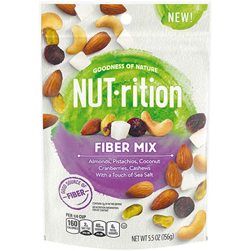 NUT-rition Fiber Mix Mixed Nuts with Almonds (Pistachios, Coconut, Cranberries, Cashews & Sea Salt, 8 ct Pack, 5.5 oz Bags)