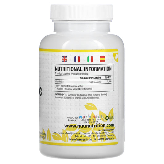 Nu U Nutrition, Max Strength Vitamin D3, 3,000 IU Softgel Capsules