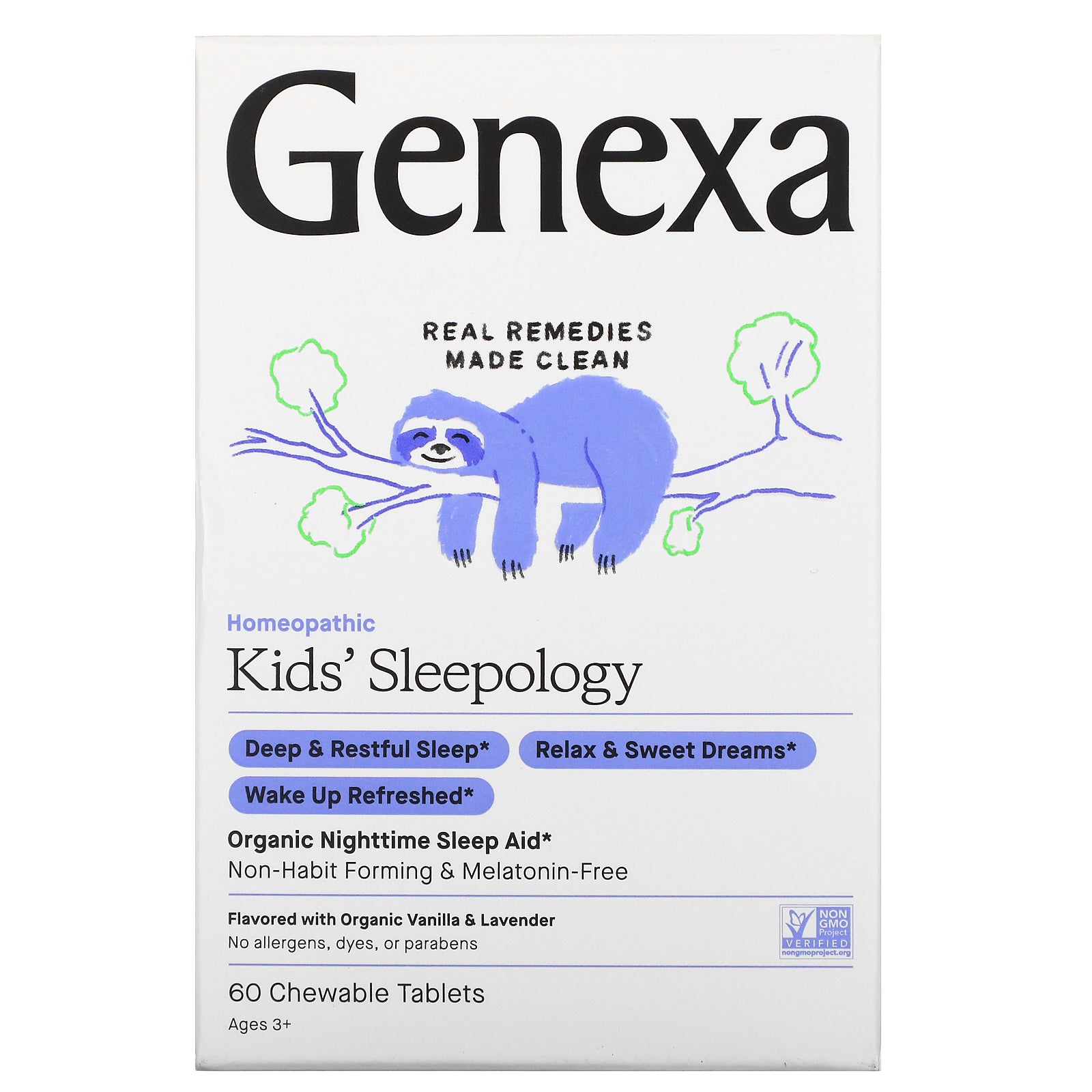 Genexa, Kids' Sleepology, Organic Nighttime Sleep Aid, Ages 3+, Vanilla & Lavender Chewable Tablets
