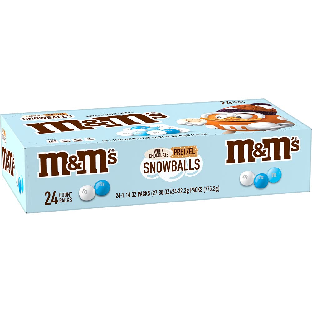 M&M’S Christmas White Chocolate Pretzel Snowballs Holiday Candy, 24 bags per Carton