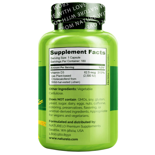 NATURELO, Vitamin D3, Plant-Based from Lichen, 62.5 mcg (2,500 IU), Easy Swallow Capsules
