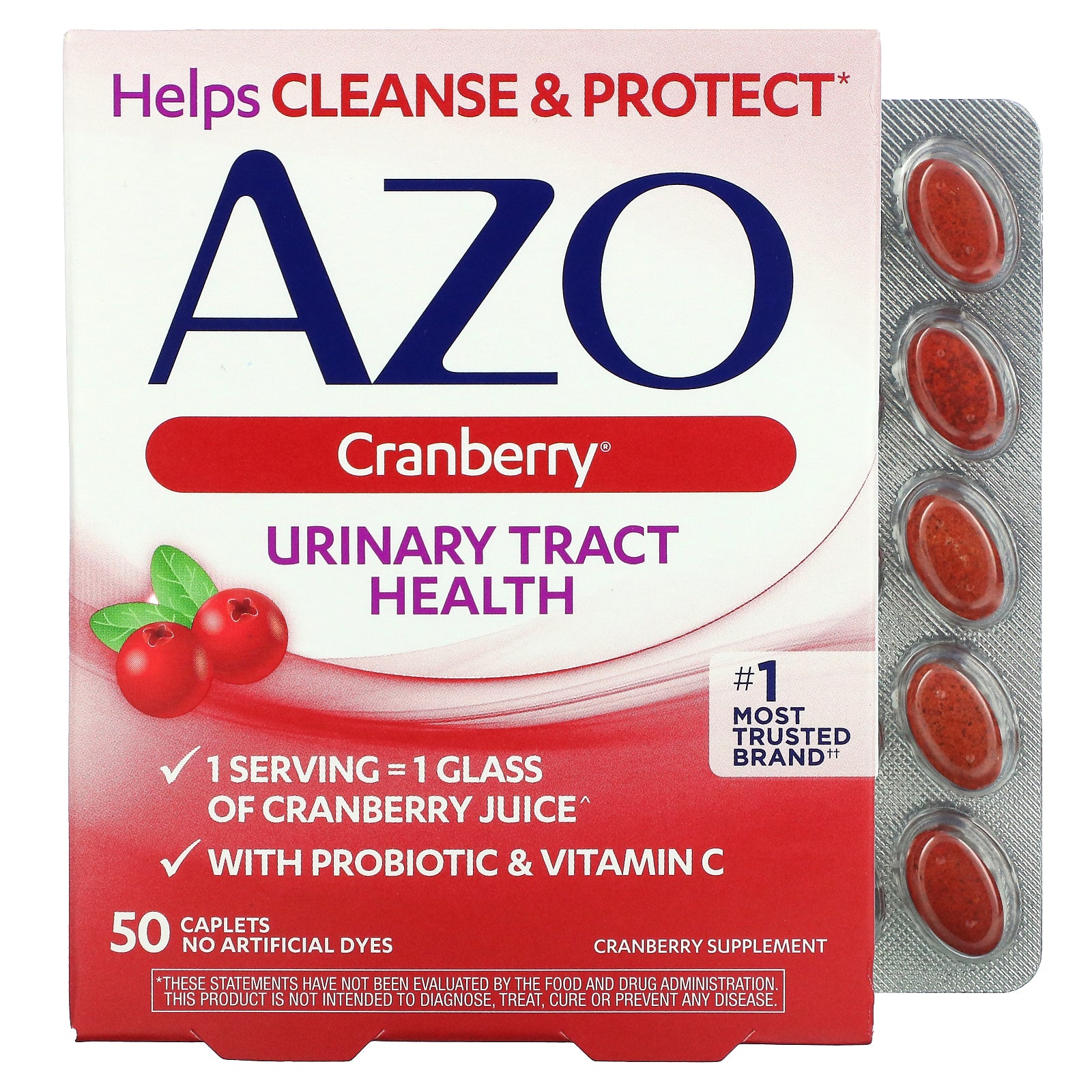 AZO Cranberry Urinary Tract Health Supplement, 1 Serving = 1 Glass of Cranberry Juice, Sugar Free Cranberry Pills, 50 Count