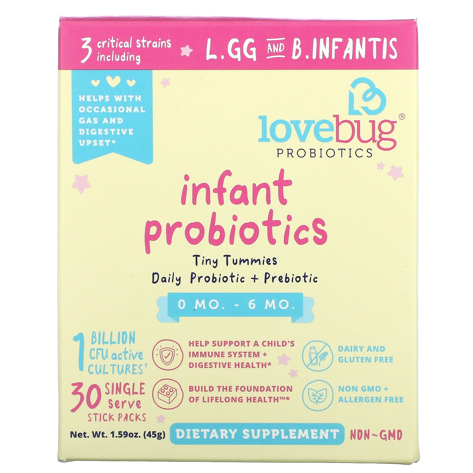 Lovebug Probiotics, Infant Probiotics, 0-6 Months, 1 Billion Cfu, 30 Single Stick Packs, 0.05 Oz (1.5 G) Each