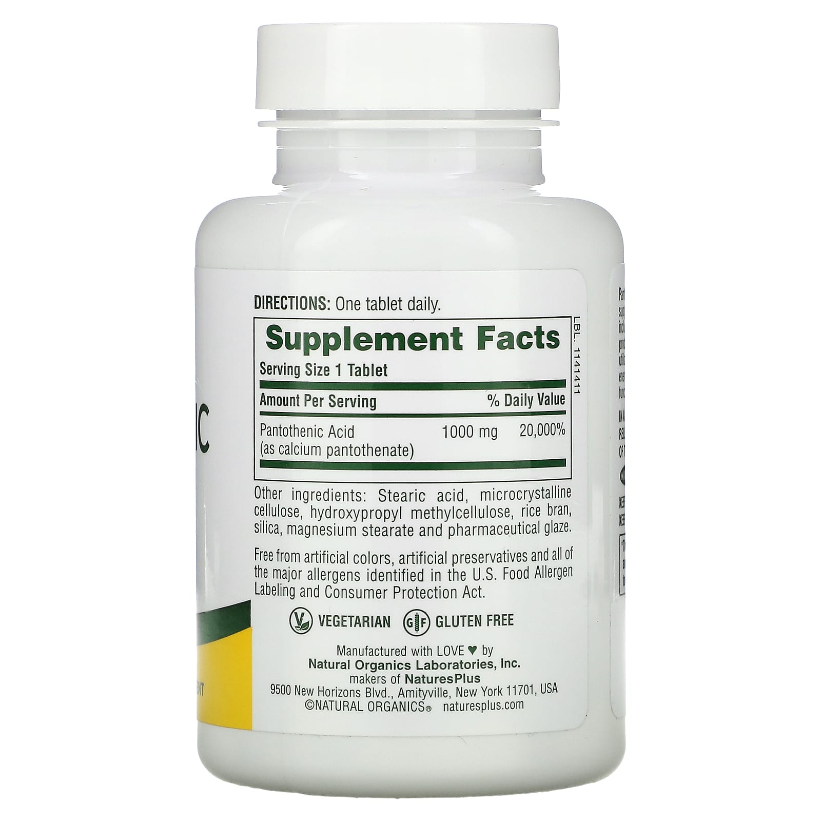 Naturesplus, Pantothenic Acid, 1000 Mg, 60 Tablets