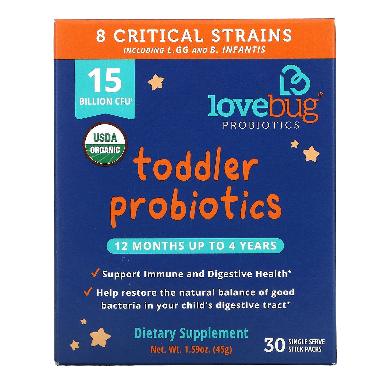 LoveBug Probiotics, Toddler Probiotics, 12 Months Up To 4 Years, 15 Billion CFU,Single Serve Stick Packs