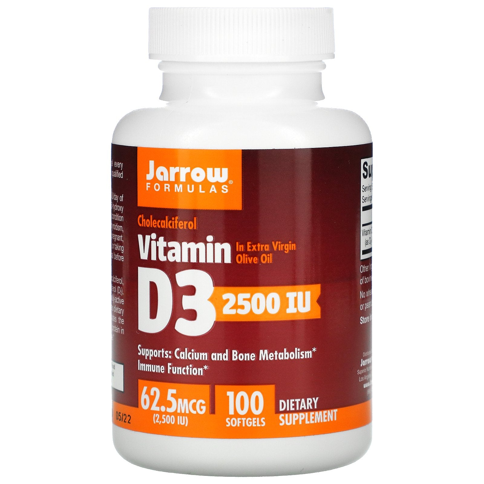 Jarrow Formulas, Vitamin D3, Cholecalciferol, 62.5 Mcg (2,500 Iu), Softgels