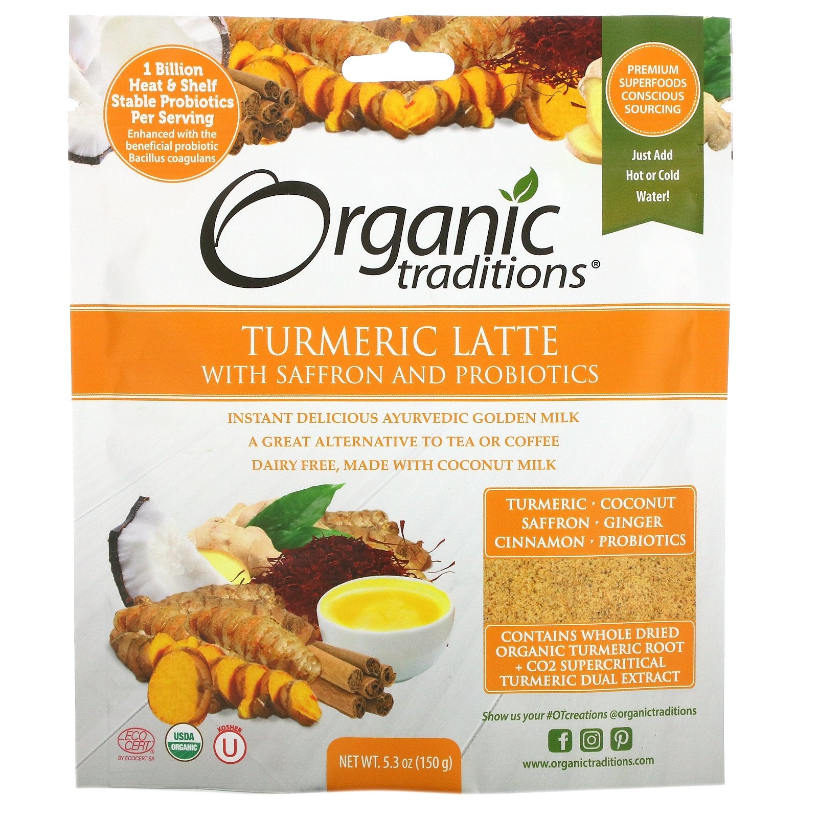 Organic Traditions, Turmeric Latte With Saffron And Probiotics