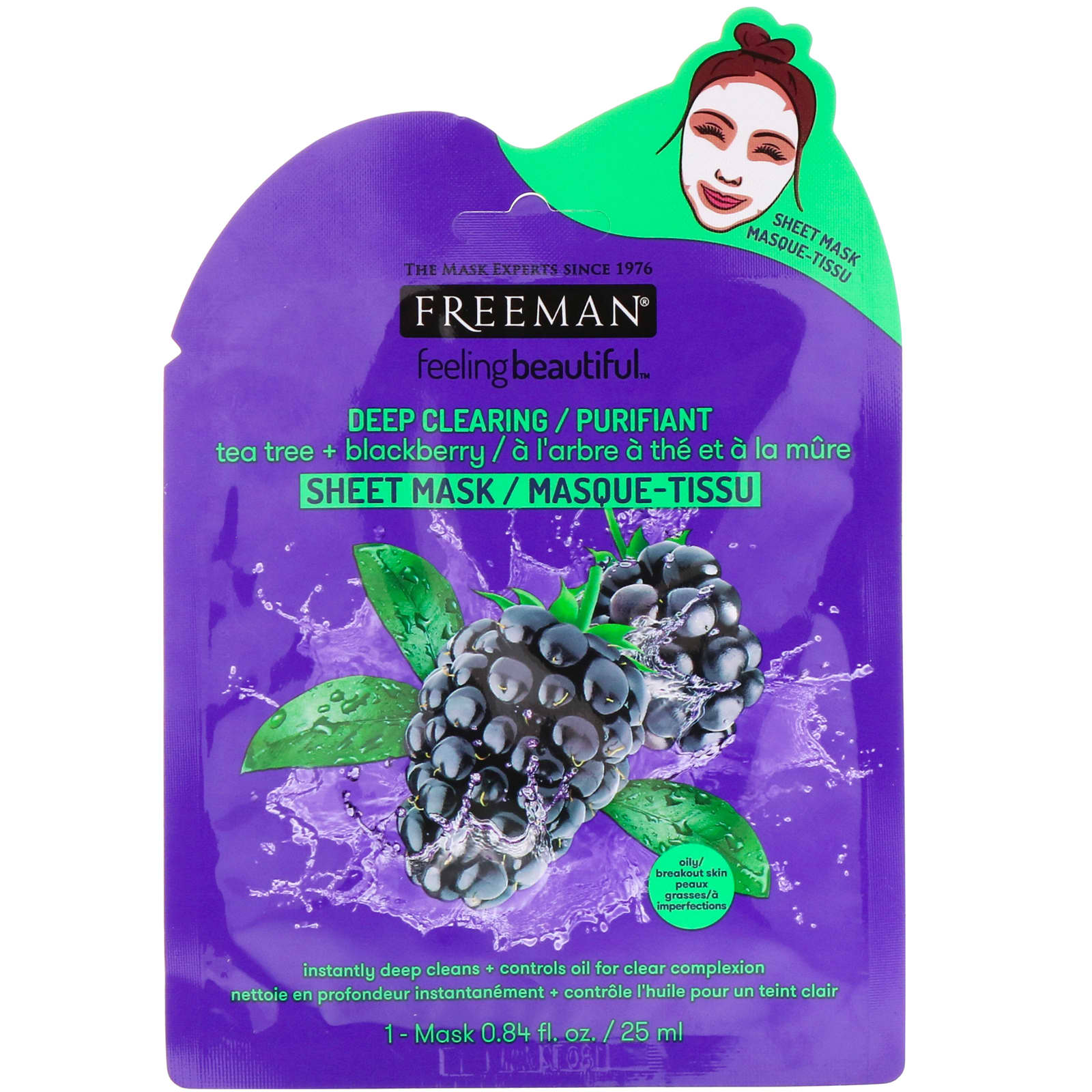 Freeman Beauty, Feeling Beautiful, Deep Clearing Beauty Sheet Mask, Tea Tree + Blackberry,  0.84 fl oz (25 ml)