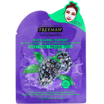 Freeman Beauty, Feeling Beautiful, Deep Clearing Beauty Sheet Mask, Tea Tree + Blackberry,  0.84 fl oz (25 ml)