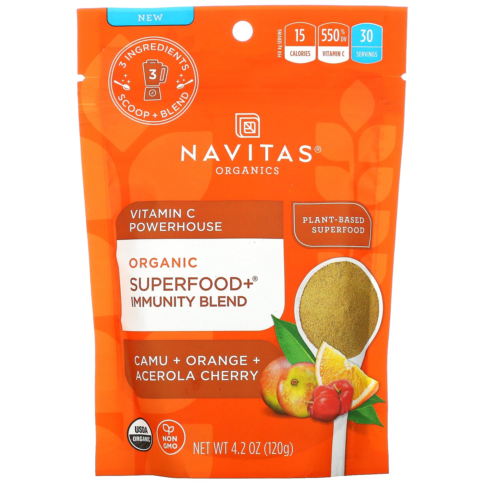 Navitas Organics, Organic Superfood+ Immunity Blend, Vitamin C Powerhouse, Camu + Orange + Acerola Cherry