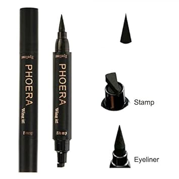 Phoera 2 in 1 Wing Cat Eye Liner + Stamp Winged Long Lasting Liquid Eye Liner Waterproof & Smudge proof Makeup Black Eyeliner Pen Winged Eyeliner Pencil - AQUAPURITY (THIN STAMP)…