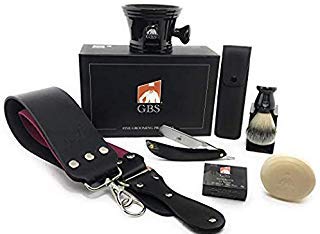 G.B.S Stylish Shaving Set - Shave Ready Straight Razor, Honing Sharpening Strop, Leather Case for Straight Razor, Ceramic Mug, Synthetic Brush with Stand, Alum & Shaving Soap, Black