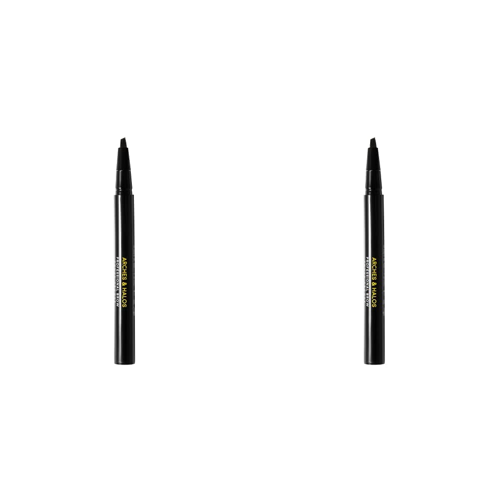Arches & Halos Angled Bristle Tip Waterproof Brow Pen - Water Based And Smudge Proof - Fills In Sparse Eyebrows And Gives Fuller Effect - Covers Scars Or Overplucked Brows - Dark Brown - (Pack of 2)
