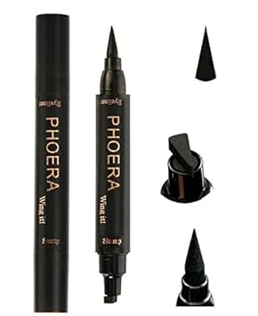 Phoera 2 in 1 Wing Cat Eye Liner + Stamp Winged Long Lasting Liquid Eye Liner Waterproof & Smudge proof Makeup Black Eyeliner Pen Winged Eyeliner Pencil - AQUAPURITY (THIN STAMP)…